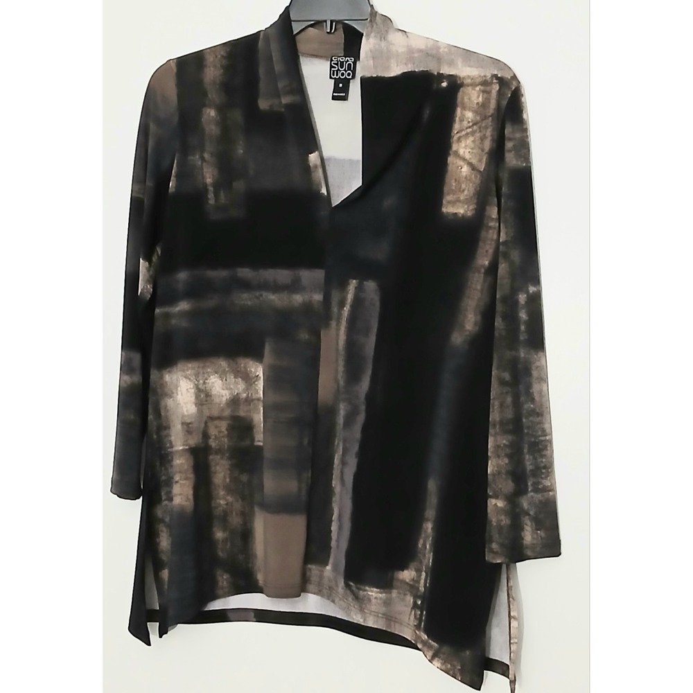 Clara Sun Woo Blouse Women's Large Brown V-Neck Collared Minimalist Wearable Art